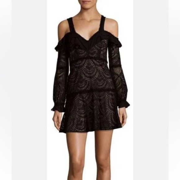For Love And Lemons Dresses & Skirts - For Love and Lemons Bridget Black Tan Lace Dress Off Shoulder Long Sleeve Mini M